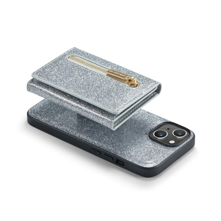 For iPhone 14 Plus DG.MING M3 Series Glitter Powder Card Bag Leather Case(Silver) by DG.MING