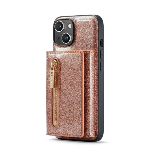For iPhone 14 Plus DG.MING M3 Series Glitter Powder Card Bag Leather Case(Rose Gold) by DG.MING