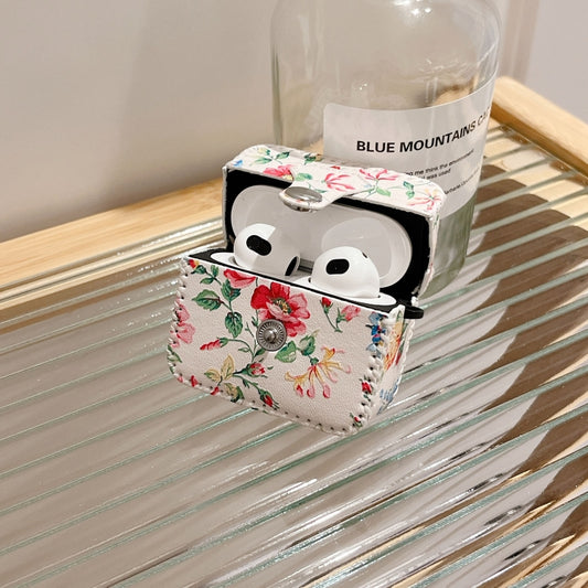 For AirPods 1/2 White Floral PU Leather Wireless Earphone Case by buy2fix