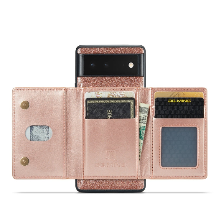 For Google Pixel 6 DG.MING M3 Series Glitter Powder Card Bag Leather Case(Rose Gold) - Google Cases by DG.MING | Online Shopping UK | buy2fix