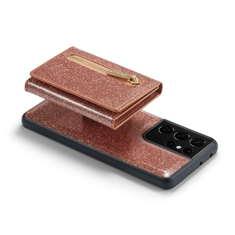 For Samsung Galaxy S21 Ultra 5G DG.MING M3 Series Glitter Powder Card Bag Leather Case(Rose Gold) by DG.MING