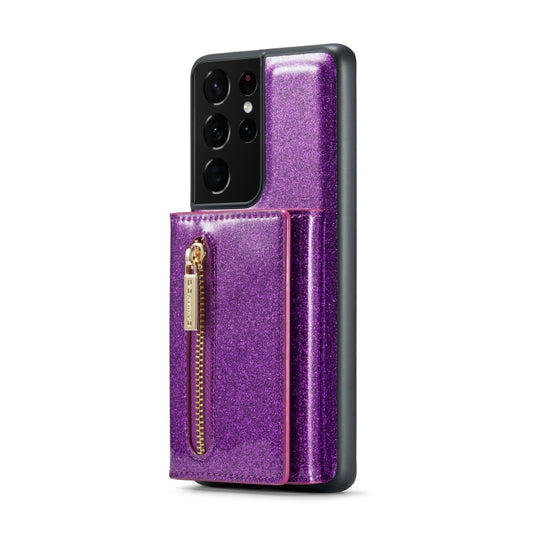 For Samsung Galaxy S21 Ultra 5G DG.MING M3 Series Glitter Powder Card Bag Leather Case(Dark Purple) by DG.MING
