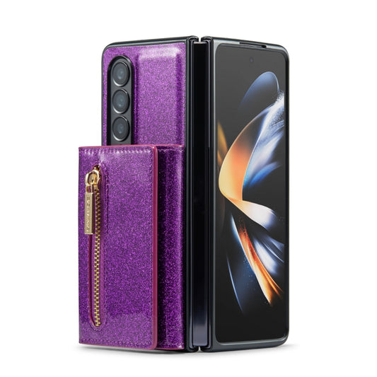 For Samsung Galaxy Z Fold4 5G DG.MING M3 Series Glitter Powder Card Bag Leather Case(Dark Purple) by DG.MING