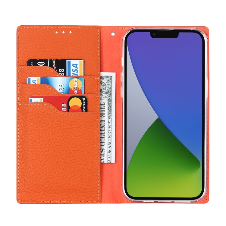 For iPhone 14 Plus Litchi Texture Genuine Leather Phone Case(Orange) - iPhone 14 Plus Cases by buy2fix | Online Shopping UK | buy2fix