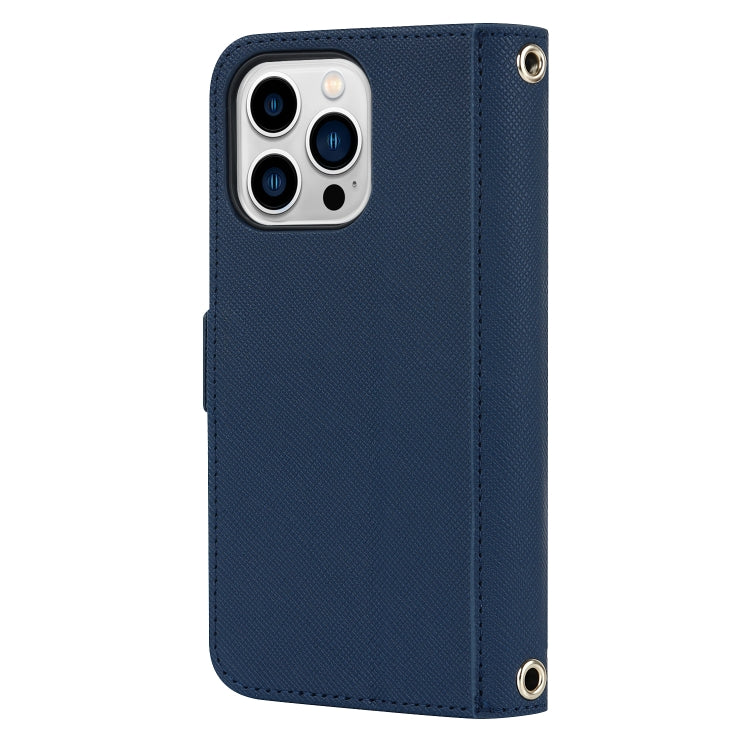 For iPhone 14 Pro Cross Texture Lanyard Leather Phone Case(Blue) - iPhone 14 Pro Cases by buy2fix | Online Shopping UK | buy2fix