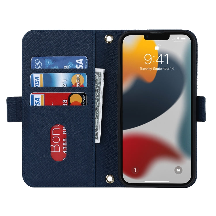 For iPhone 14 Pro Cross Texture Lanyard Leather Phone Case(Blue) - iPhone 14 Pro Cases by buy2fix | Online Shopping UK | buy2fix