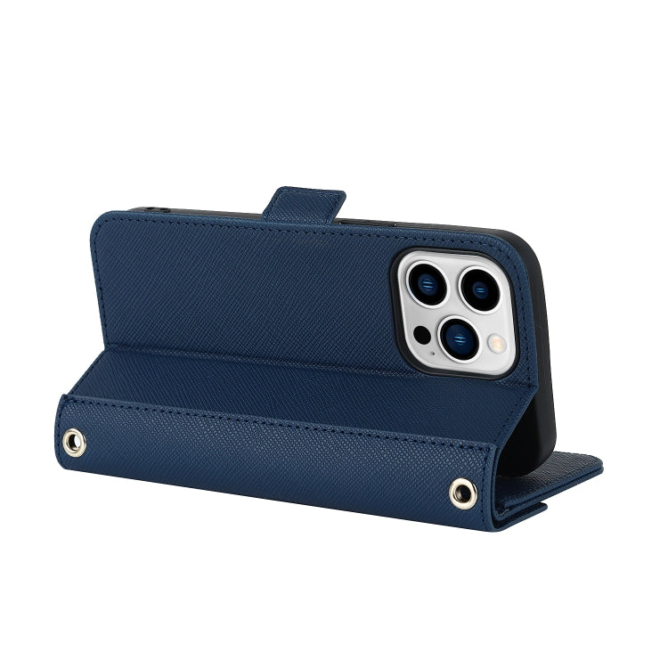 For iPhone 14 Pro Cross Texture Lanyard Leather Phone Case(Blue) - iPhone 14 Pro Cases by buy2fix | Online Shopping UK | buy2fix