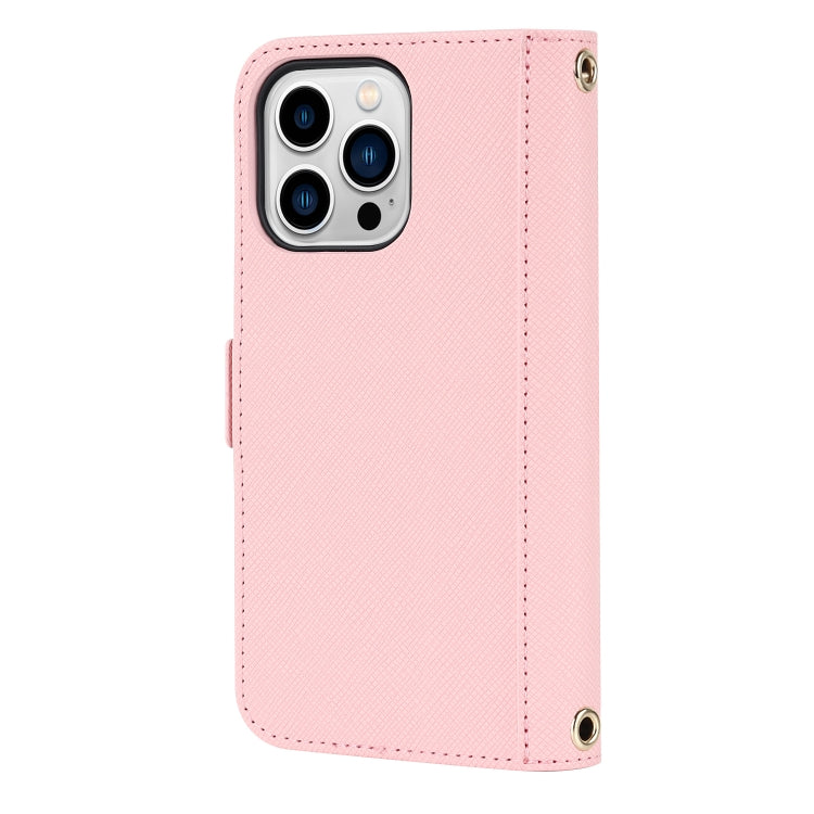 For iPhone 14 Pro Cross Texture Lanyard Leather Phone Case(Pink) - iPhone 14 Pro Cases by buy2fix | Online Shopping UK | buy2fix
