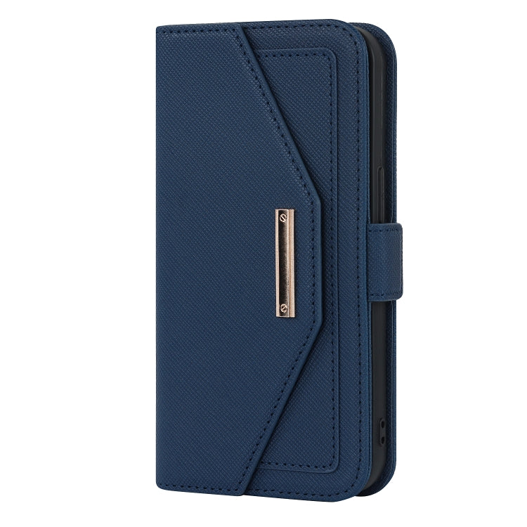 For iPhone 14 Plus Cross Texture Lanyard Leather Phone Case(Blue) - iPhone 14 Plus Cases by buy2fix | Online Shopping UK | buy2fix