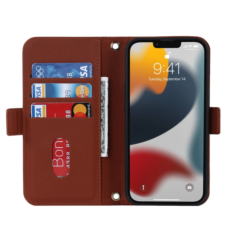 For iPhone 13 Pro Cross Texture Lanyard Leather Phone Case(Brown) - iPhone 13 Pro Cases by buy2fix | Online Shopping UK | buy2fix