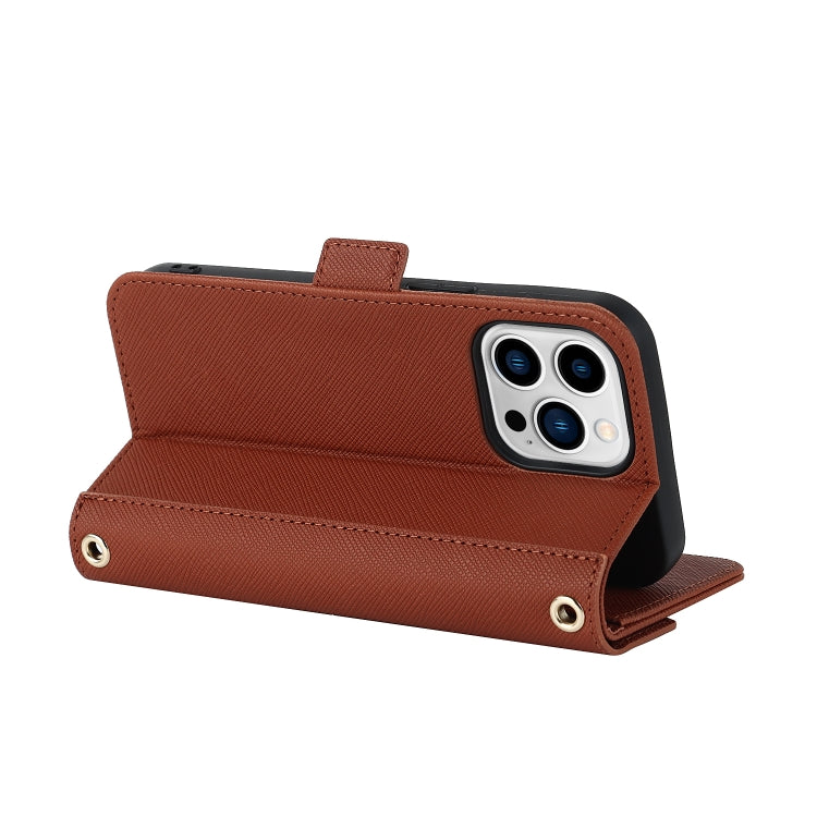 For iPhone 13 Pro Cross Texture Lanyard Leather Phone Case(Brown) - iPhone 13 Pro Cases by buy2fix | Online Shopping UK | buy2fix