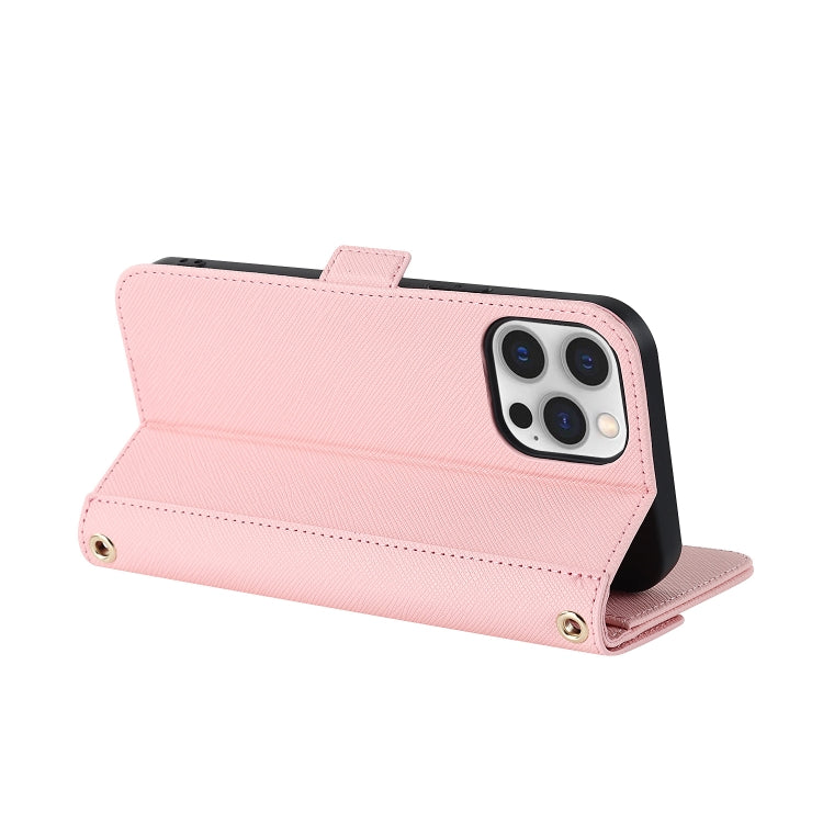 For iPhone 12 Pro Max Cross Texture Lanyard Leather Phone Case(Pink) - iPhone 12 Pro Max Cases by buy2fix | Online Shopping UK | buy2fix
