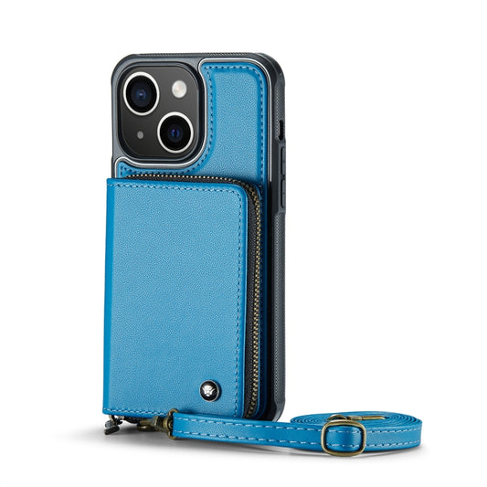 For iPhone 13 JEEHOOD C22 Series Zipper Wallet Leather Phone Case with Dual Lanyard(Blue) - iPhone 13 Cases by JEEHOOD | Online Shopping UK | buy2fix