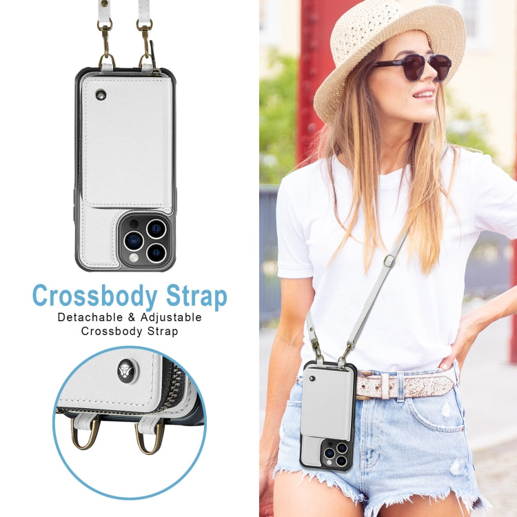 For iPhone 13 Pro JEEHOOD C22 Series Zipper Wallet Leather Phone Case with Dual Lanyard(White) - iPhone 13 Cases by JEEHOOD | Online Shopping UK | buy2fix
