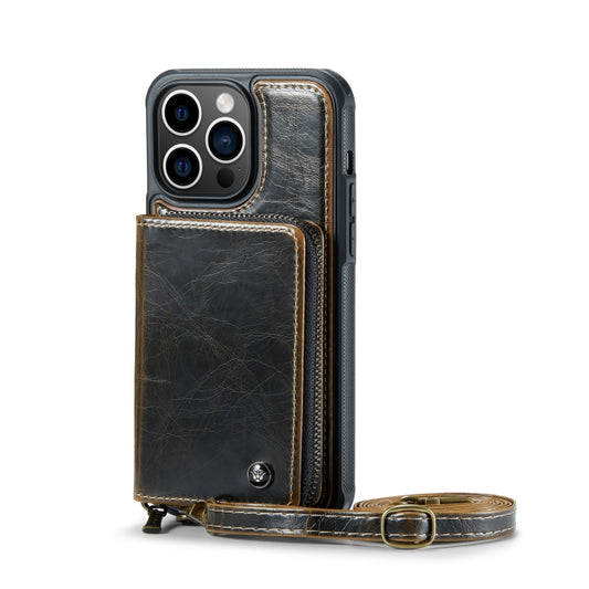 For iPhone 13 Pro JEEHOOD C22 Series Zipper Wallet Leather Phone Case with Dual Lanyard(Coffee) - iPhone 13 Cases by JEEHOOD | Online Shopping UK | buy2fix