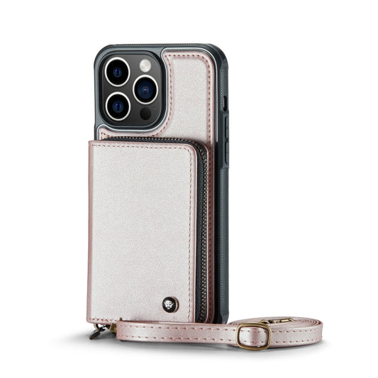 For iPhone 13 Pro Max JEEHOOD C22 Series Zipper Wallet Leather Phone Case with Dual Lanyard(Rose Gold) - iPhone 13 Cases by JEEHOOD | Online Shopping UK | buy2fix