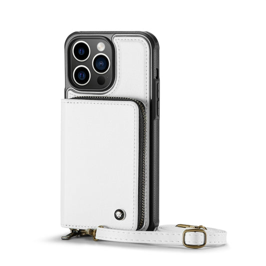 For iPhone 13 Pro Max JEEHOOD C22 Series Zipper Wallet Leather Phone Case with Dual Lanyard(White) - iPhone 13 Cases by JEEHOOD | Online Shopping UK | buy2fix