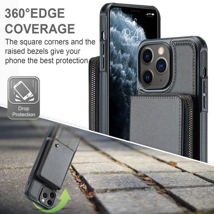 For iPhone 11 Pro JEEHOOD C22 Series Zipper Wallet Leather Phone Case with Dual Lanyard(Black) - iPhone 11 Pro Cases by JEEHOOD | Online Shopping UK | buy2fix