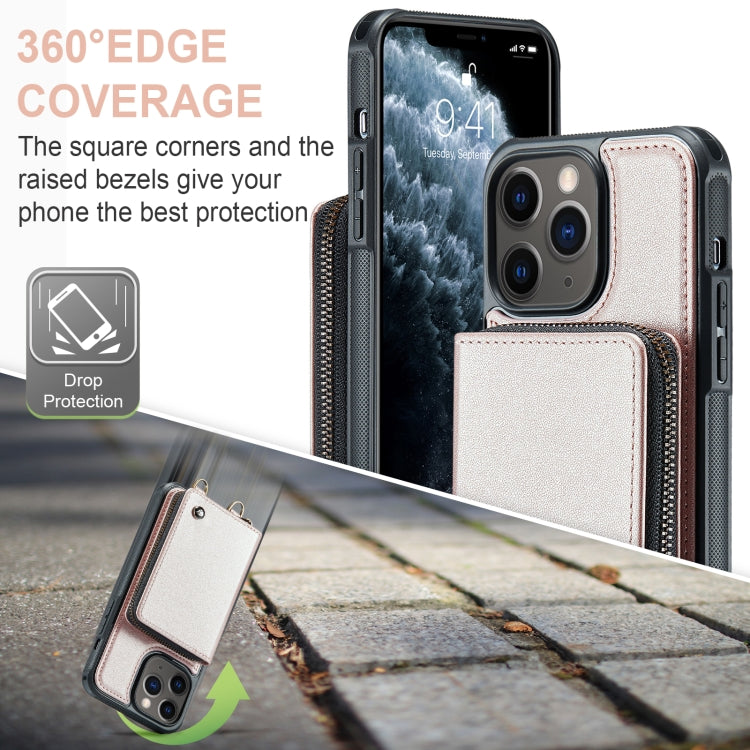 For iPhone 11 Pro Max JEEHOOD C22 Series Zipper Wallet Leather Phone Case with Dual Lanyard(Rose Gold) - iPhone 11 Pro Max Cases by JEEHOOD | Online Shopping UK | buy2fix