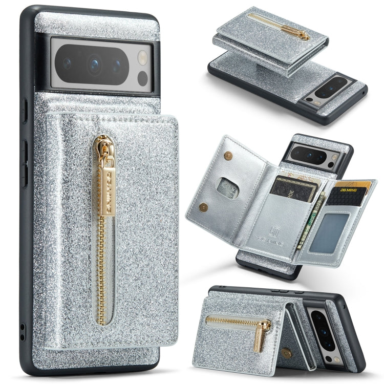 For Google Pixel 8 Pro DG.MING M3 Series Glitter Powder Card Bag Leather Case(Silver) - Google Cases by DG.MING | Online Shopping UK | buy2fix