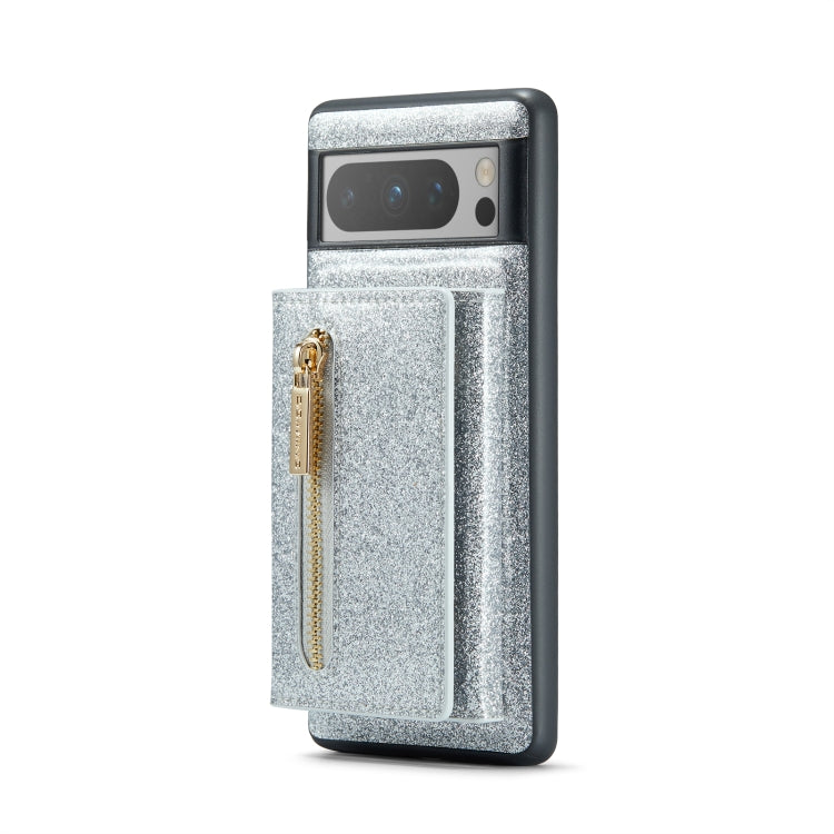 For Google Pixel 8 Pro DG.MING M3 Series Glitter Powder Card Bag Leather Case(Silver) - Google Cases by DG.MING | Online Shopping UK | buy2fix