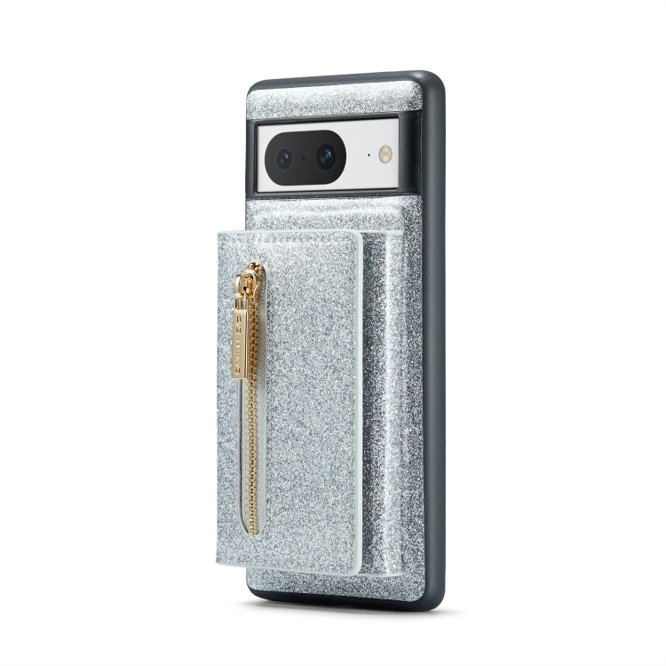 For Google Pixel 8 DG.MING M3 Series Glitter Powder Card Bag Leather Case(Silver) - Google Cases by DG.MING | Online Shopping UK | buy2fix