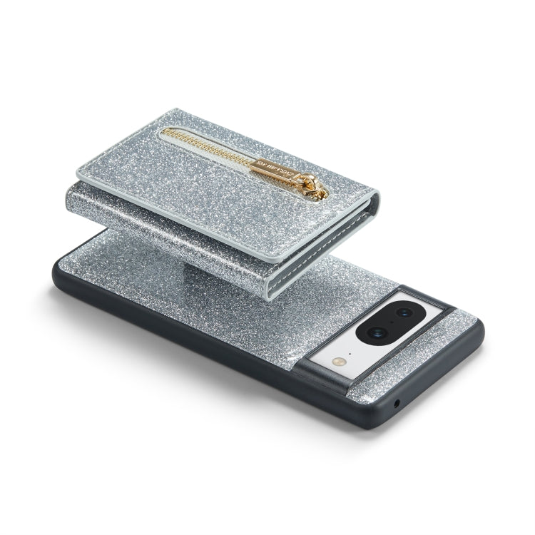 For Google Pixel 8 DG.MING M3 Series Glitter Powder Card Bag Leather Case(Silver) - Google Cases by DG.MING | Online Shopping UK | buy2fix