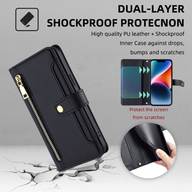 For iPhone 14 Plus Sheep Texture Cross-body Zipper Wallet Leather Phone Case(Black) - iPhone 14 Plus Cases by buy2fix | Online Shopping UK | buy2fix