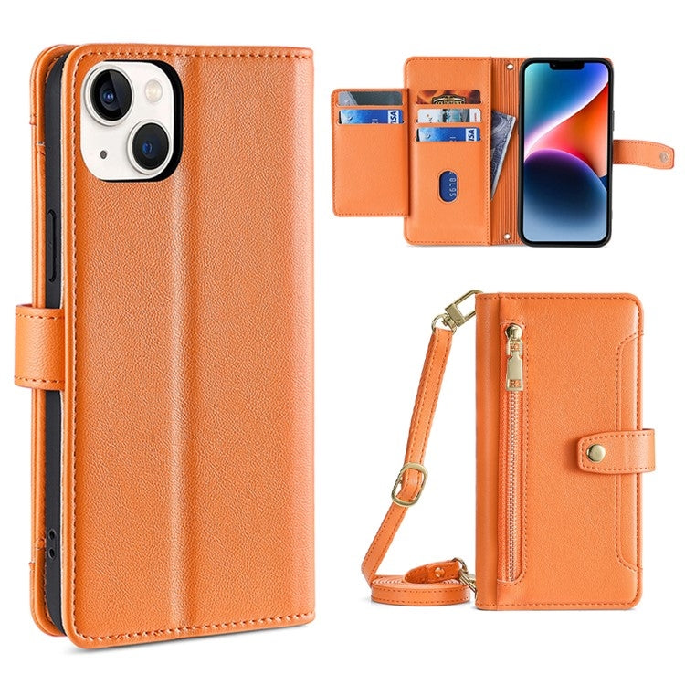 For iPhone 14 Plus Sheep Texture Cross-body Zipper Wallet Leather Phone Case(Orange) - iPhone 14 Plus Cases by buy2fix | Online Shopping UK | buy2fix