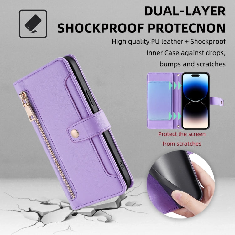 For iPhone 14 Pro Max Sheep Texture Cross-body Zipper Wallet Leather Phone Case(Purple) - iPhone 14 Pro Max Cases by buy2fix | Online Shopping UK | buy2fix