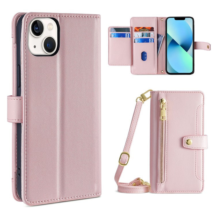 For iPhone 13 mini Sheep Texture Cross-body Zipper Wallet Leather Phone Case(Pink) - iPhone 13 mini Cases by buy2fix | Online Shopping UK | buy2fix