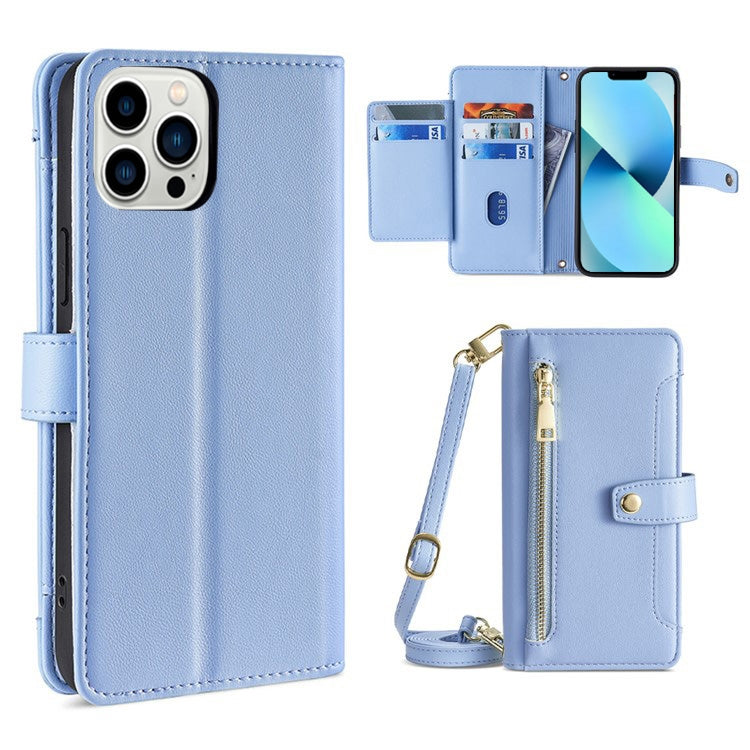 For iPhone 13 Pro Sheep Texture Cross-body Zipper Wallet Leather Phone Case(Blue) - iPhone 13 Pro Cases by buy2fix | Online Shopping UK | buy2fix
