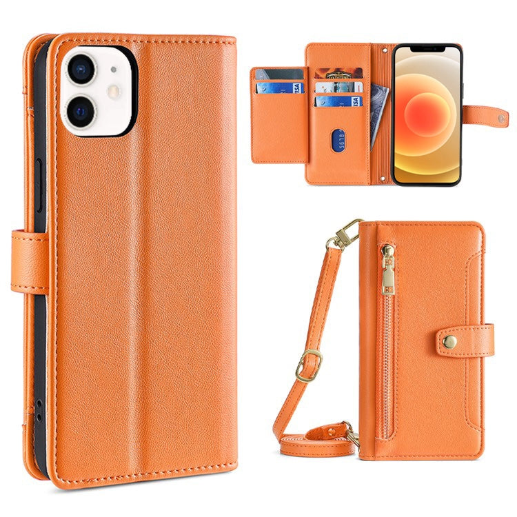 For iPhone 12 mini Sheep Texture Cross-body Zipper Wallet Leather Phone Case(Orange) - iPhone 12 mini Cases by buy2fix | Online Shopping UK | buy2fix