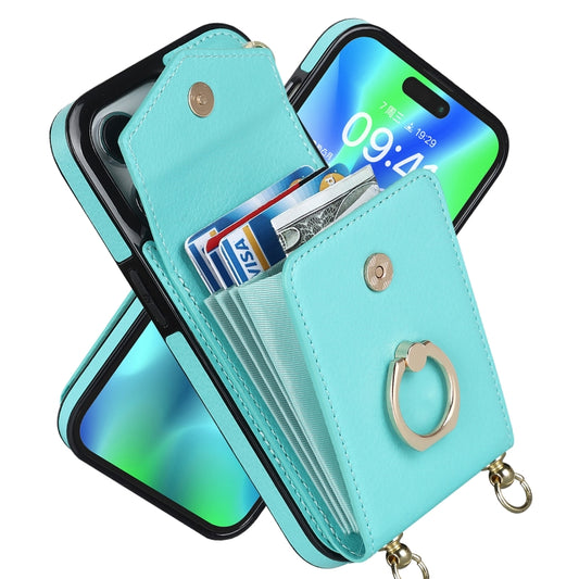 For iPhone 14 Plus Ring Holder RFID Card Slot Phone Case with Long Lanyard(Mint Green) - iPhone 14 Plus Cases by buy2fix | Online Shopping UK | buy2fix