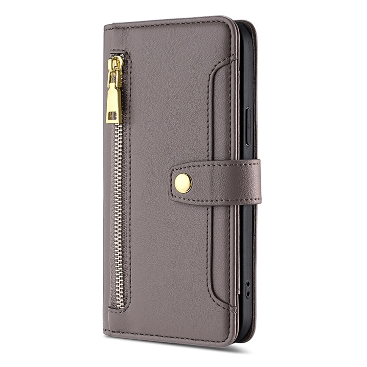 For OnePlus 11 Sheep Texture Cross-body Zipper Wallet Leather Phone Case(Grey) - OnePlus Cases by buy2fix | Online Shopping UK | buy2fix