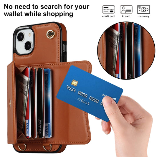 For iPhone 14 / 13 RFID Card Slot Phone Case with Long Lanyard(Brown) - iPhone 14 Cases by buy2fix | Online Shopping UK | buy2fix