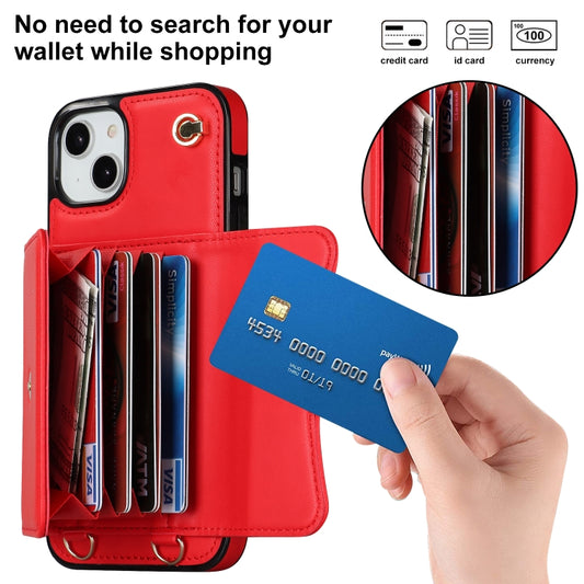 For iPhone 14 Plus RFID Card Slot Phone Case with Long Lanyard(Red) - iPhone 14 Plus Cases by buy2fix | Online Shopping UK | buy2fix