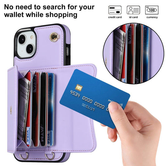 For iPhone 14 Plus RFID Card Slot Phone Case with Long Lanyard(Purple) - iPhone 14 Plus Cases by buy2fix | Online Shopping UK | buy2fix