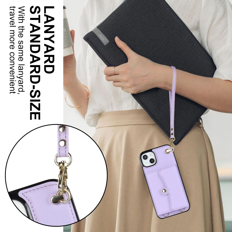 For iPhone 14 Plus RFID Card Slot Phone Case with Long Lanyard(Purple) - iPhone 14 Plus Cases by buy2fix | Online Shopping UK | buy2fix