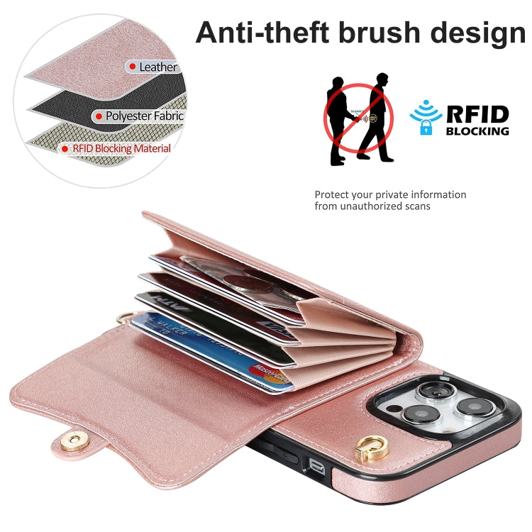 For iPhone 14 Pro Max RFID Card Slot Phone Case with Long Lanyard(Rose Gold) - iPhone 14 Pro Max Cases by buy2fix | Online Shopping UK | buy2fix