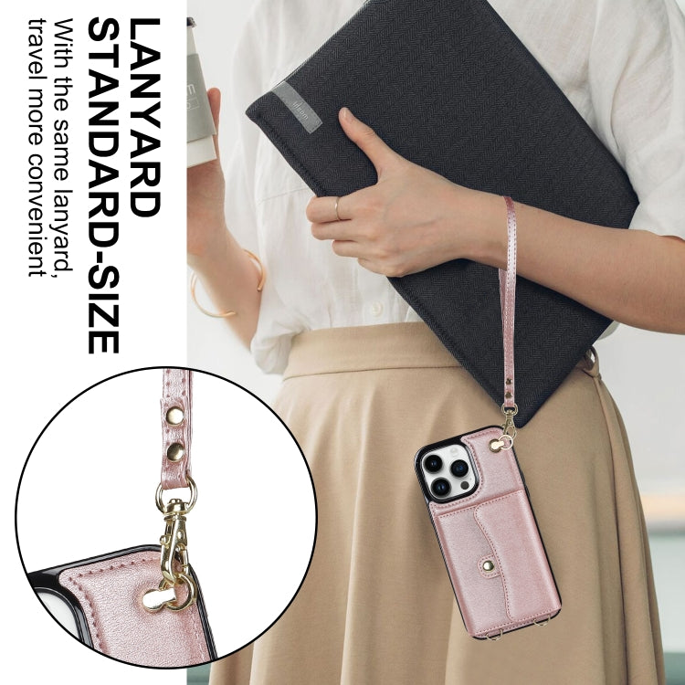 For iPhone 14 Pro Max RFID Card Slot Phone Case with Long Lanyard(Rose Gold) - iPhone 14 Pro Max Cases by buy2fix | Online Shopping UK | buy2fix