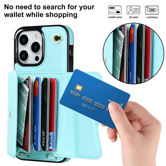 For iPhone 13 Pro Max RFID Card Slot Phone Case with Long Lanyard(Mint Green) - iPhone 13 Pro Max Cases by buy2fix | Online Shopping UK | buy2fix