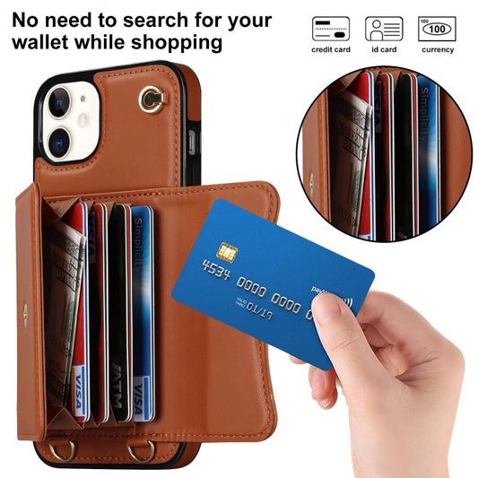 For iPhone 12 RFID Card Slot Phone Case with Long Lanyard(Brown) - iPhone 12 / 12 Pro Cases by buy2fix | Online Shopping UK | buy2fix