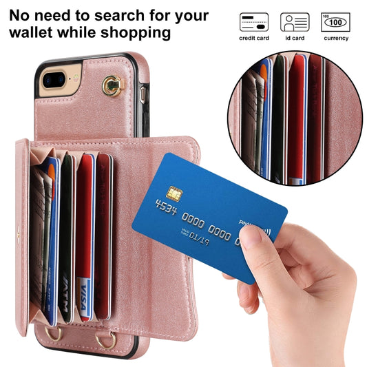 For iPhone 8 Plus / 7 Plus RFID Card Slot Phone Case with Long Lanyard(Rose Gold) - More iPhone Cases by buy2fix | Online Shopping UK | buy2fix