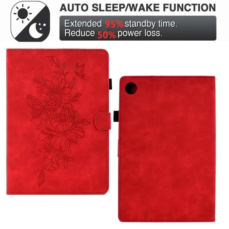 For Samsung Galaxy Tab A8 10.5 2021 X205 Peony Butterfly Embossed Leather Smart Tablet Case(Red) - Other Galaxy Tab PC by buy2fix | Online Shopping UK | buy2fix