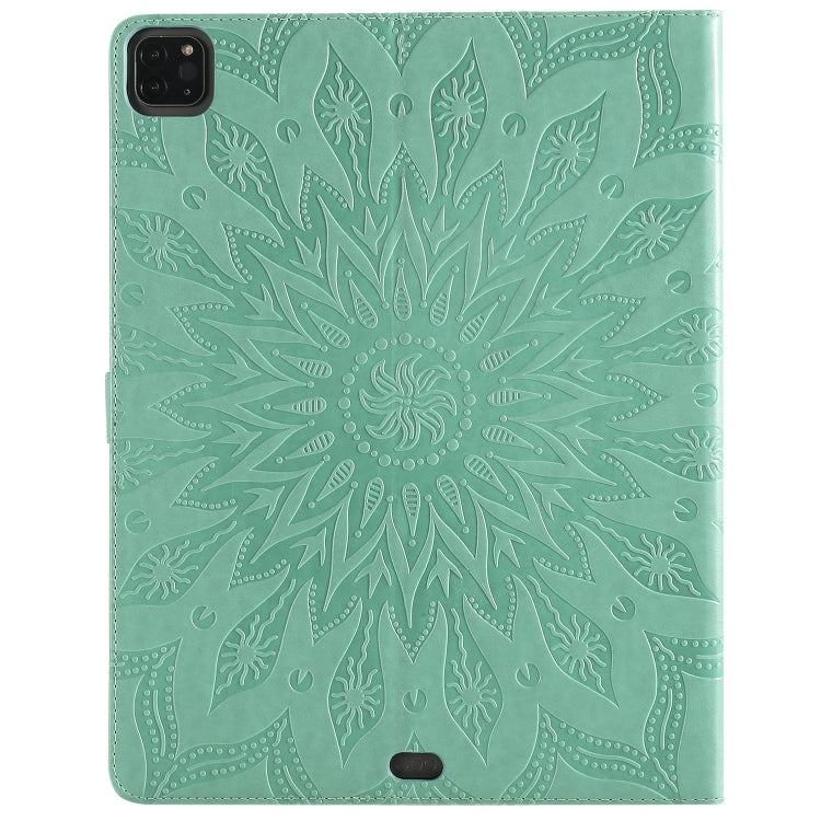 For iPad Pro 12.9 (2020) & Pro 12.9 (2018) Pressed Printing Sunflower Pattern Horizontal Flip PU Leather Tablet Case with Holder & Card Slots & Wallet(Green) - iPad Pro 12.9 (2020) Cases by buy2fix | Online Shopping UK | buy2fix
