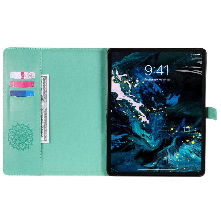 For iPad Pro 12.9 (2020) & Pro 12.9 (2018) Pressed Printing Sunflower Pattern Horizontal Flip PU Leather Tablet Case with Holder & Card Slots & Wallet(Green) - iPad Pro 12.9 (2020) Cases by buy2fix | Online Shopping UK | buy2fix