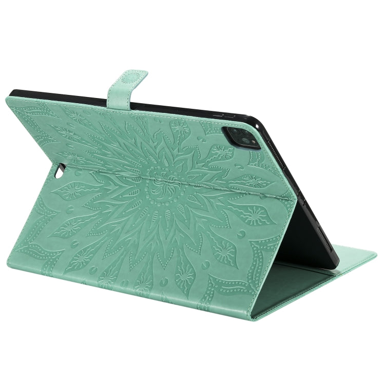 For iPad Pro 12.9 (2020) & Pro 12.9 (2018) Pressed Printing Sunflower Pattern Horizontal Flip PU Leather Tablet Case with Holder & Card Slots & Wallet(Green) - iPad Pro 12.9 (2020) Cases by buy2fix | Online Shopping UK | buy2fix