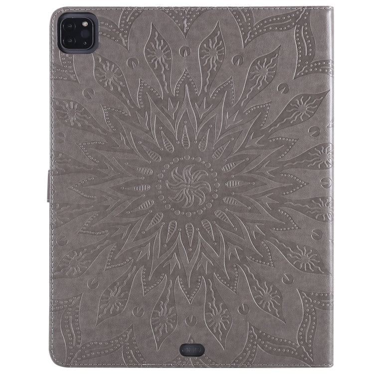 For iPad Pro 12.9 (2020) & Pro 12.9 (2018) Pressed Printing Sunflower Pattern Horizontal Flip PU Leather Tablet Case with Holder & Card Slots & Wallet(Grey) - iPad Pro 12.9 (2020) Cases by buy2fix | Online Shopping UK | buy2fix