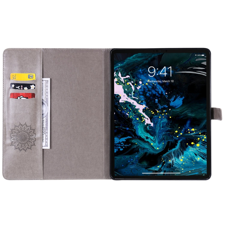 For iPad Pro 12.9 (2020) & Pro 12.9 (2018) Pressed Printing Sunflower Pattern Horizontal Flip PU Leather Tablet Case with Holder & Card Slots & Wallet(Grey) - iPad Pro 12.9 (2020) Cases by buy2fix | Online Shopping UK | buy2fix